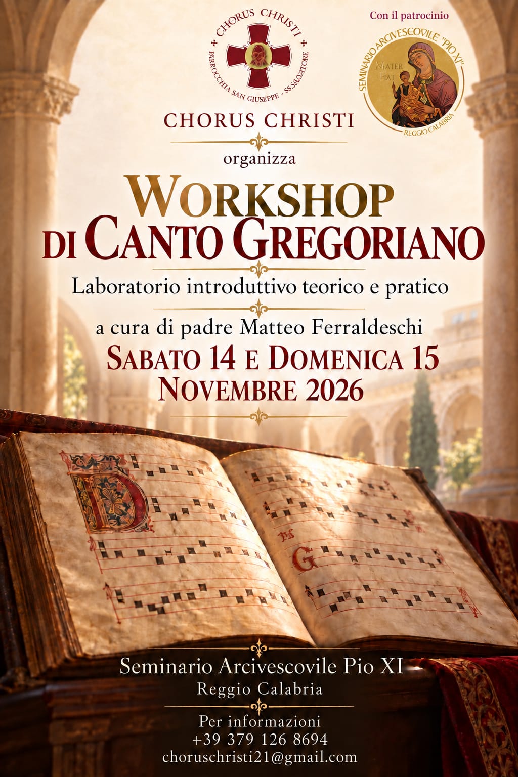 WORKSHOP DI CANTO GREGORIANO a cura di Padre Matteo Ferraldeschi – 14/15 Novembre 2026, Seminario Arcivescovile “Pio XI” (RC)